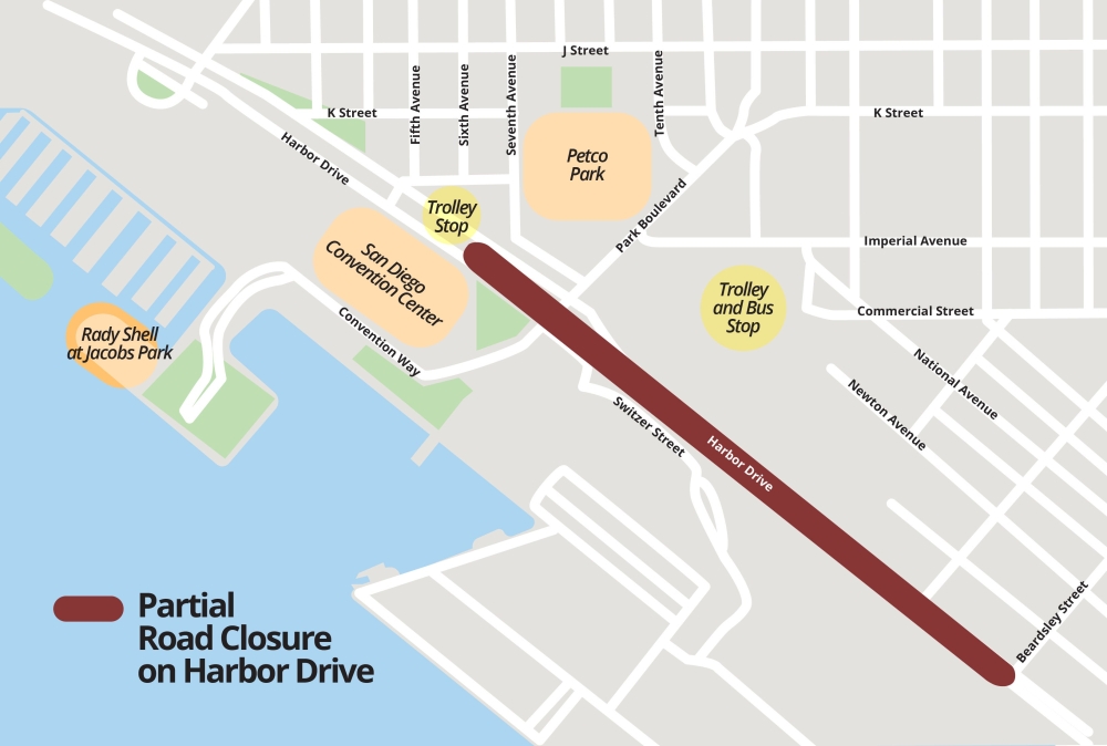 a map of harbor drive with construction zone highlighted