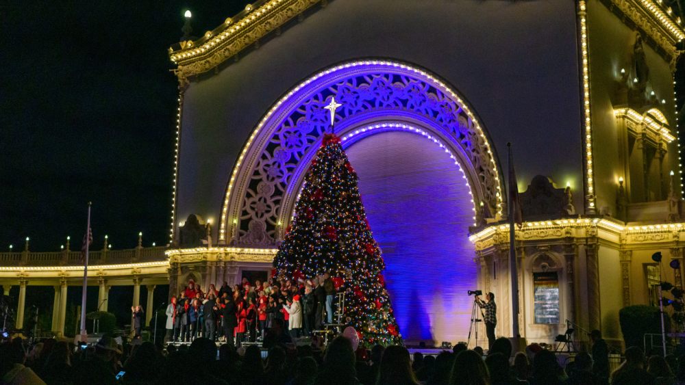 christmas tree on stage with performers 