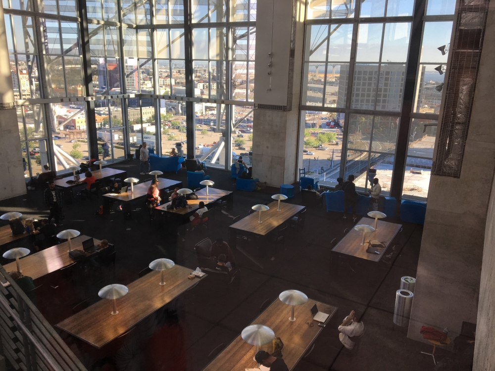 aerial view of two rows of desk at the library