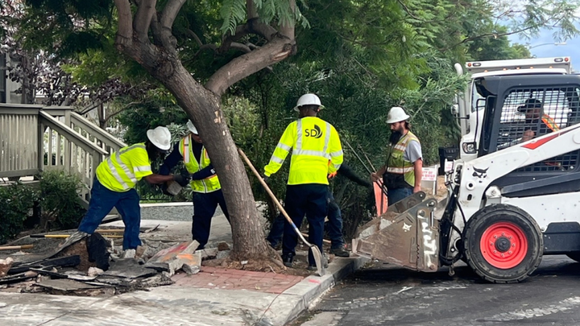 five city employees working to fix a section of sidewalk