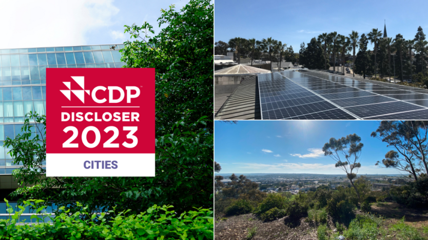 CDP Discloser 2023 cities, with a collage of images that show solar panels and lookout of San diego