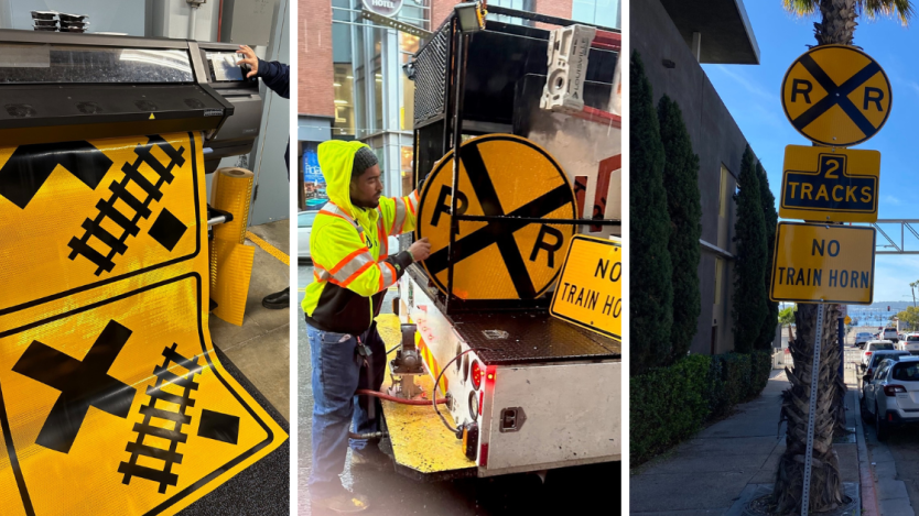 Three image collage: street signs being printed, staff fixing the signs, and final signs being posted. 