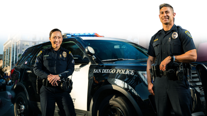 two police officers standing next to a cop car smiling