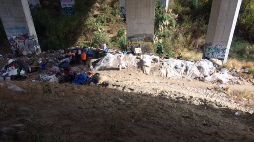 encampments located under a bridge along San Diego River