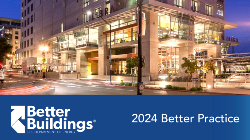 Street view of the San Diego Central Library with the following text: Better Buildings, US Department of Energy, 2024 Better Practice