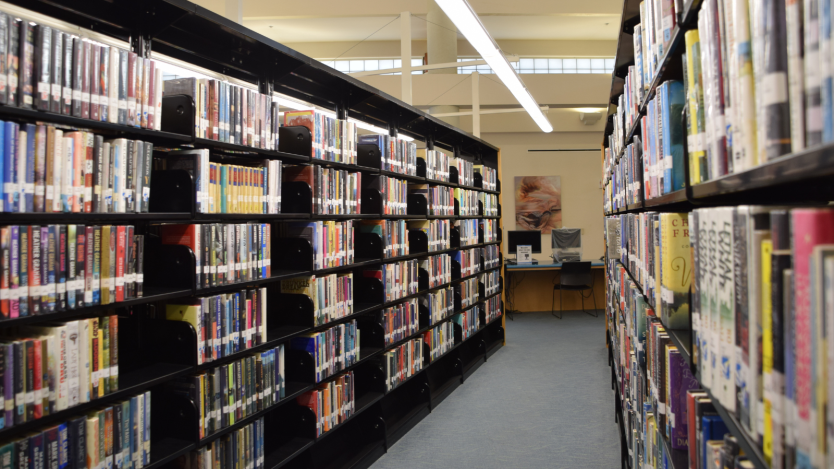 and aisle surrounded by bookshelves. 